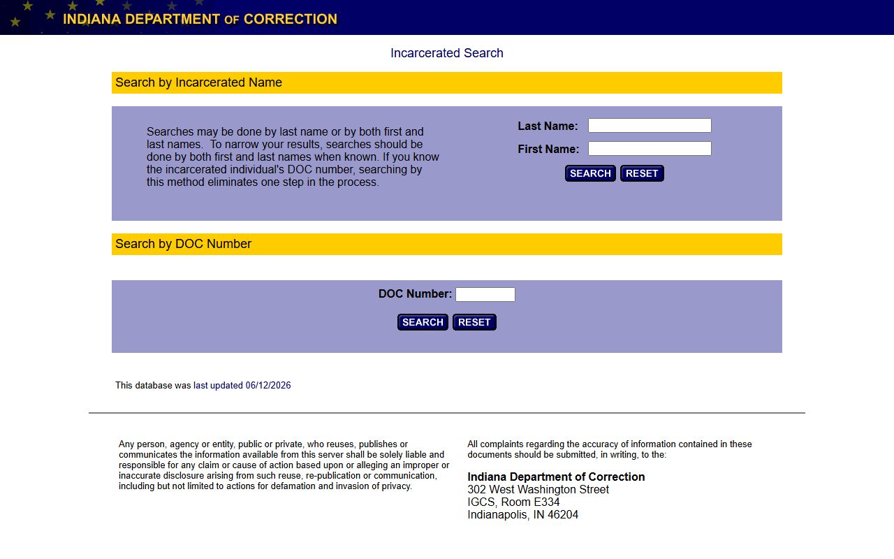 Martin County inmate population Indiana DOC offender locator search form